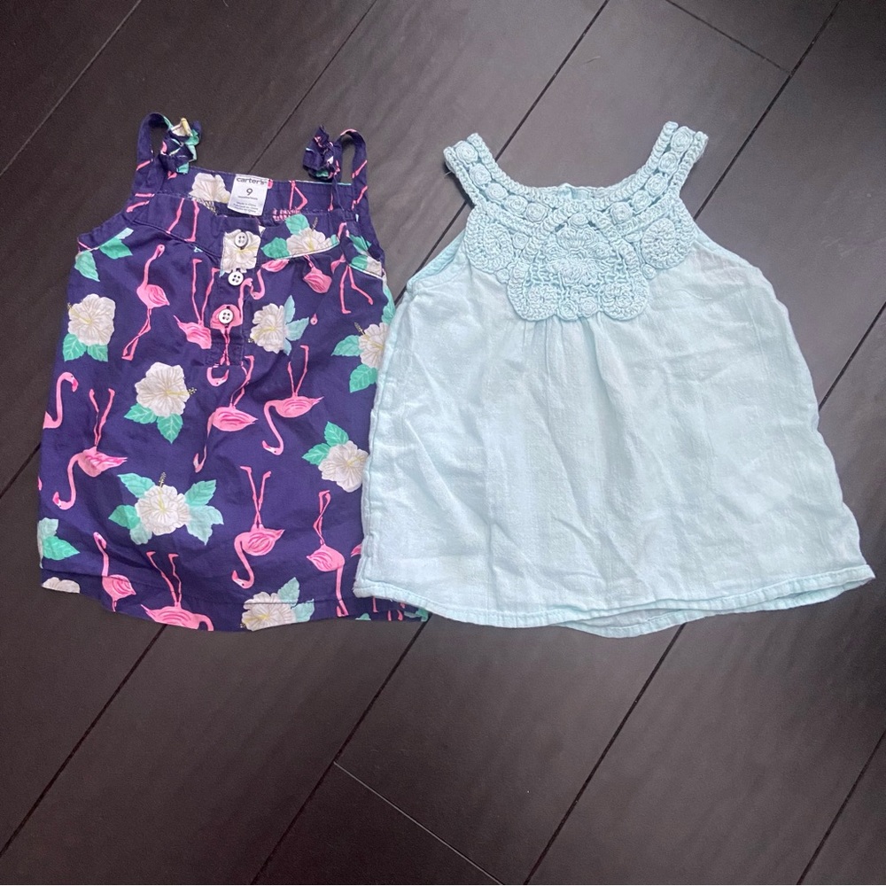 Carter’s & H&M baby girl tank tops flamingo print & crocheted blue 9&9-12M